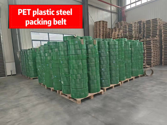 Pita pengemasan PET, pita pengemasan PET polietilena, Pita baja plastik PET tahan suhu tinggi, lebar: 9-32mm